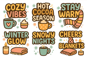 Cozy winter phrases flat icon set. featuring cocoa, scarf, blanket, candle, and vibes symbols
