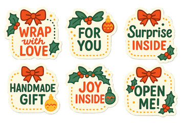 Fototapeta premium Christmas messages flat icon set. featuring wrap with love, handmade gift, joy inside, surprise inside, open me!