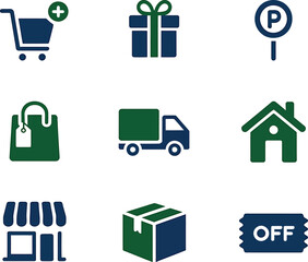 Collection of nine modern flat icons representing shopping and delivery services