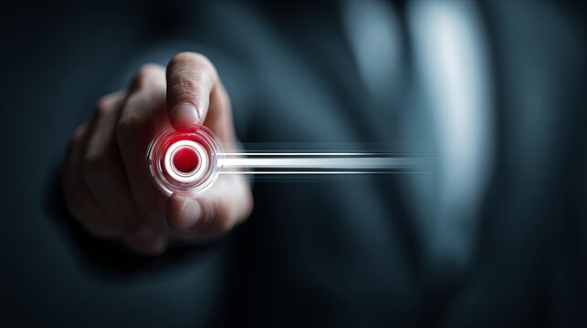 Powerful finger activating futuristic red button interface with streaming light effect for digital transformation and innovation concepts