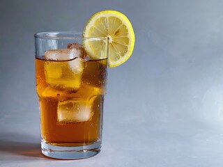 Fototapeta premium Refreshing Arnold Palmer made with iced tea, lemonade, ice cubes, and a lemon wedge. Ideal for beverage brands, cafe menus