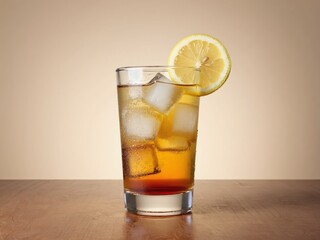Fototapeta premium Refreshing Arnold Palmer made with iced tea, lemonade, ice cubes, and a lemon wedge. Ideal for beverage brands, cafe menus