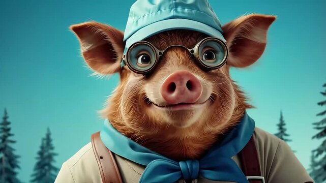 Cute pig scout walking through forest with backpack
Description: Adorable anthropomorphic pink piglet dressed as scout in blue cap, glasses and neckerchief cheerfully walks 