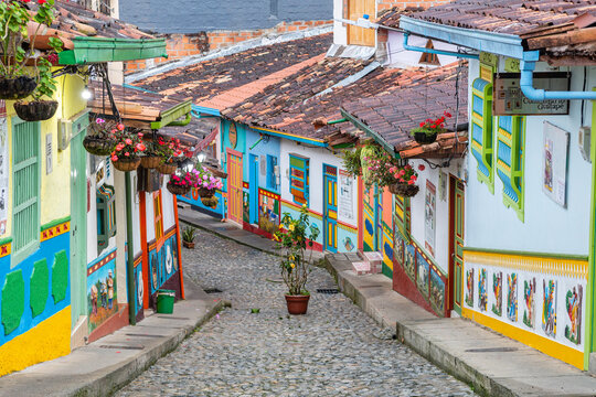 colorful street of guatape colonial town, colombia