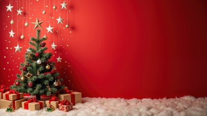 snowy chrismas tree with red ornaments and present
