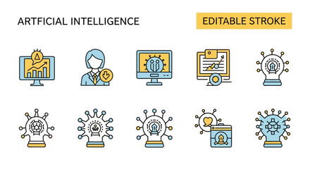 My sleek line collection of artificial intelligence icons. This set includes concepts for machine learning, data science, and futuristic technology in a colorful, editable stroke design
