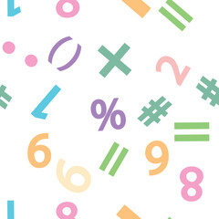 Colorful numbers, math symbols and formulas seamless pattern. Kindergarten, school, classroom and childrens playroom