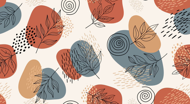 Abstract Seamless Pattern of Botanical Elements and Organic Shapes in Earthy Tones