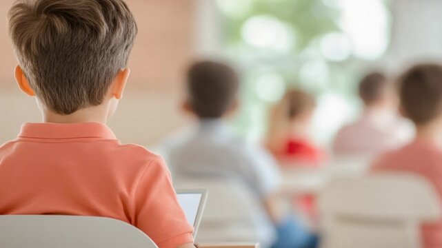 Quiet Reflection in the Classroom: Capturing a pensive young boy's perspective in a classroom setting, the image focuses on a moment of thought amidst peers. 