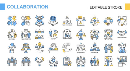 Sleek Line Icon Collection for Business Collaboration, Teamwork, and Partnership – Modern Outline Symbols for Communication and Corporate Strategy