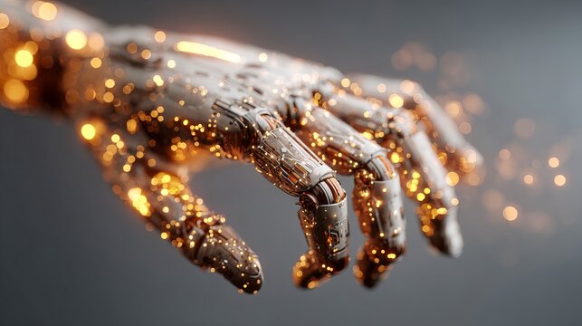 Futuristic robotic hand with glowing particles for cutting-edge technology concepts and AI solutions, embodying innovation and the future of robotics