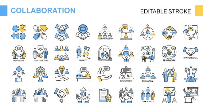 Sleek Line Icon Collection for Business Collaboration, Teamwork, and Partnership – Modern Outline Symbols for Communication and Corporate Strategy