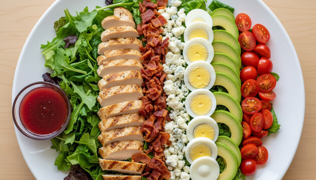 Fresh Cobb salad with grilled chicken, avocado, eggs, bacon, tomatoes, and cheese arranged in colorful rows, served as a healthy meal option.
