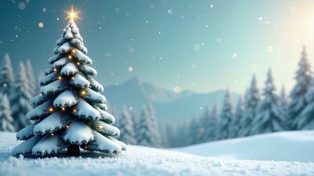 3D Christmas tree with snowy background illustration Copy space image Place for adding text or design

