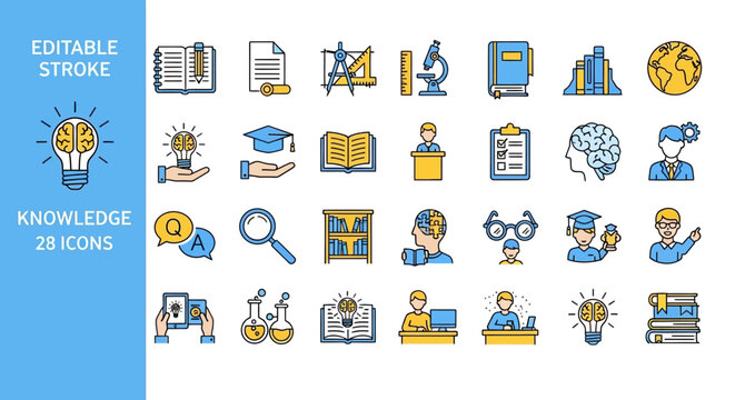 A modern sleek line icon collection symbolizing education, learning, science, and creative thinking