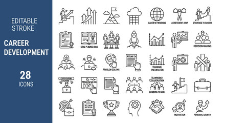 Professional growth and business skills icon set. A sleek line collection illustrating concepts like leadership, goal setting, and human resources