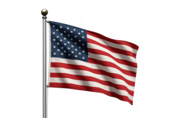 American flag waving proudly on flagpole, symbolizing patriotism, freedom, and independence on transparent background