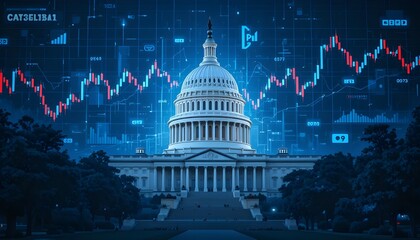U.S. Capitol building with futuristic digital stock market graphics symbolizing economic policy, financial trends, government influence, and national market fluctuations