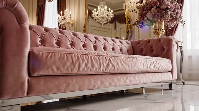 A plush pink velvet Chesterfield sofa stands in an opulent living room with classic rococo style and crystal chandeliers