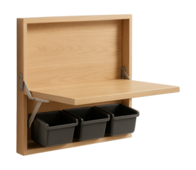 Wall-mounted workbench with fold-out design and storage bins for small workshops.