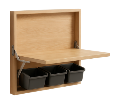 Wall-mounted workbench with fold-out design and storage bins for small workshops.