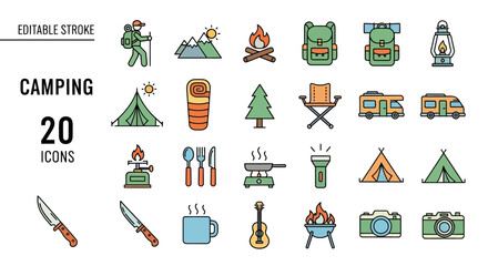 A diverse and sleek line art icon collection for camping and outdoor adventures, encompassing essential gear and nature elements for modern digital design projects