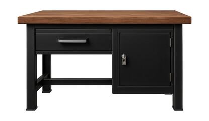 Workbench featuring a sliding drawer and lockable cabinet for secure tool storage.