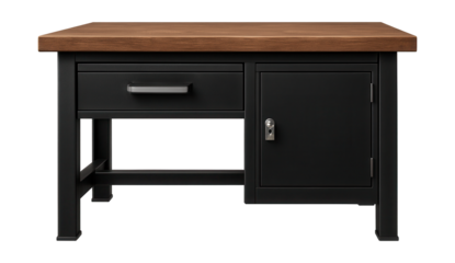 Workbench featuring a sliding drawer and lockable cabinet for secure tool storage.