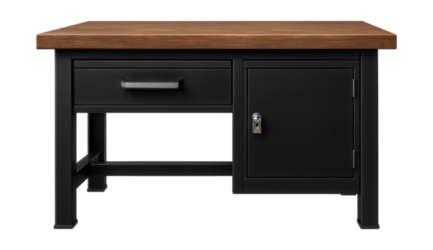 Workbench featuring a sliding drawer and lockable cabinet for secure tool storage.