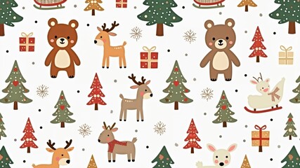 Merry Christmas nursery vector seamless pattern. Collection of kids new year fabric design with bears, Christmas trees, dears, sleigh.