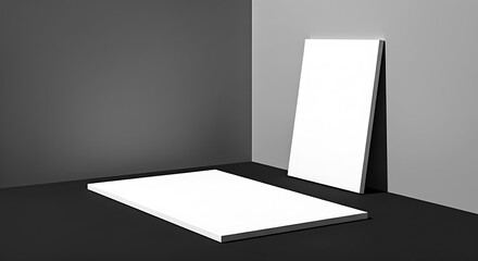 Minimalist scene with two white rectangular objects in a dark corner with contrasting gray walls