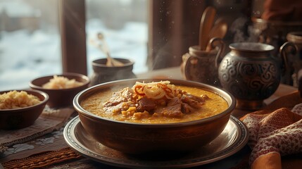 A bowl of hot, creamy winter stew topped with sliced onions and spices, served in a rustic setting with steam rising and soft sunlight pouring through a snowy window.