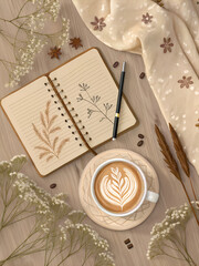 Hygge top-view background with journal, dried flowers, latte art, muted earthy tones