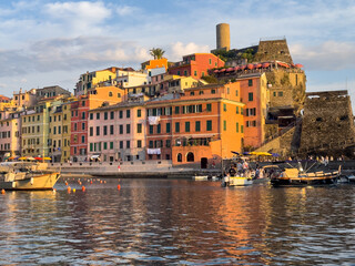 Colorful Coastal Italian Harbor Town Boats Waterfront Historic Fortress Sunset