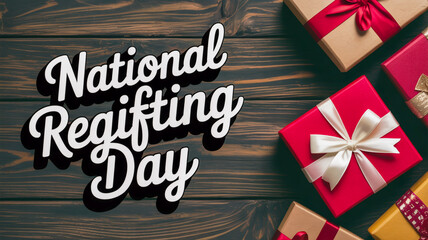 National regifting day text with festive gift boxes on wood