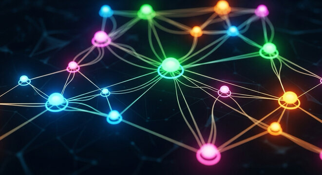 digital network of global cultures represented by glowing pattern nodes, dark neon theme