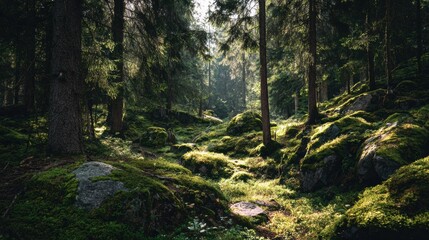 morning sunlight through tall pine trees