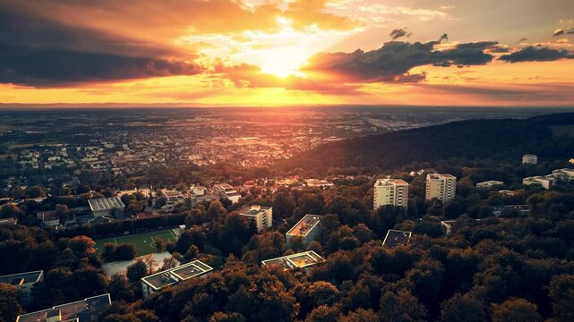 Amazing sunset over scenic European town surrounded by nature. Panning footage of vibrant orange sky with the sun and clouds over the city of Heidelberg, Germany
