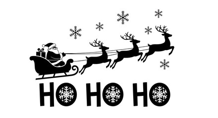 Santa claus flying in his sleigh pulled by reindeer with snowflakes and ho ho ho text