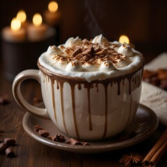 A rich cup of hot chocolate topped with whipped cream and chocolate shavings, dripping down the mug, surrounded by warm candlelight and cozy winter décor.