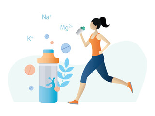 Woman running hydrating with sports nutrition supplement drink