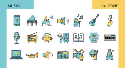 Dynamic Set of Thin Line Music and Audio Icons for Digital Media, Featuring Instruments, Sound Equipment, and Entertainment Technology
