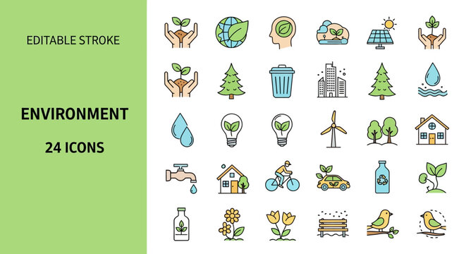 Environmental conservation and sustainability icon set with trees, plants, and renewable energy symbols