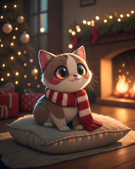 Cute cozy Christmas kitten in scarf sitting on soft pillow, warm holiday ambiance