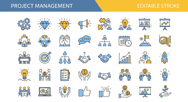 A sleek line icon collection for business strategy, project management, and corporate teamwork