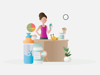 Woman preparing sport nutrition supplements and healthy food