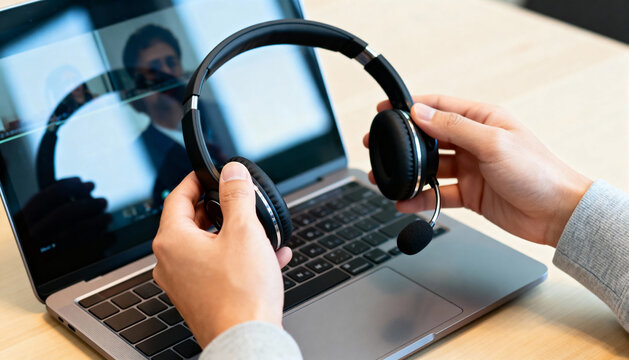 Close-up of hands holding a headset with a microphone for a virtual meeting. Online communication and remote work technology