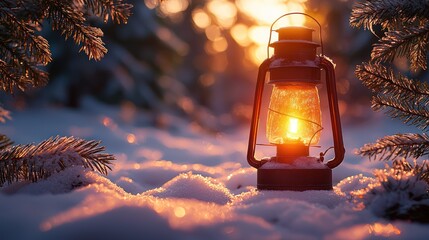 Lantern glowing at sunset in snowy forest; winter warmth, nature scene