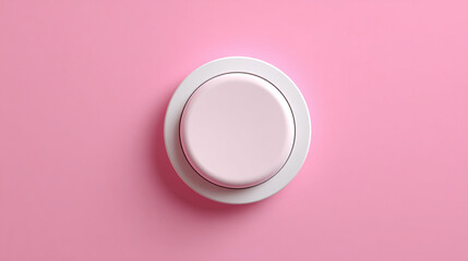 Round white start button on a soft pink background, featuring a smooth surface and subtle shadows, creating a modern and minimalistic design aesthetic with copy space