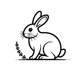 Obraz premium A simple line drawing of a cute white bunny rabbit sitting next to a sprig of leaves on a white background.